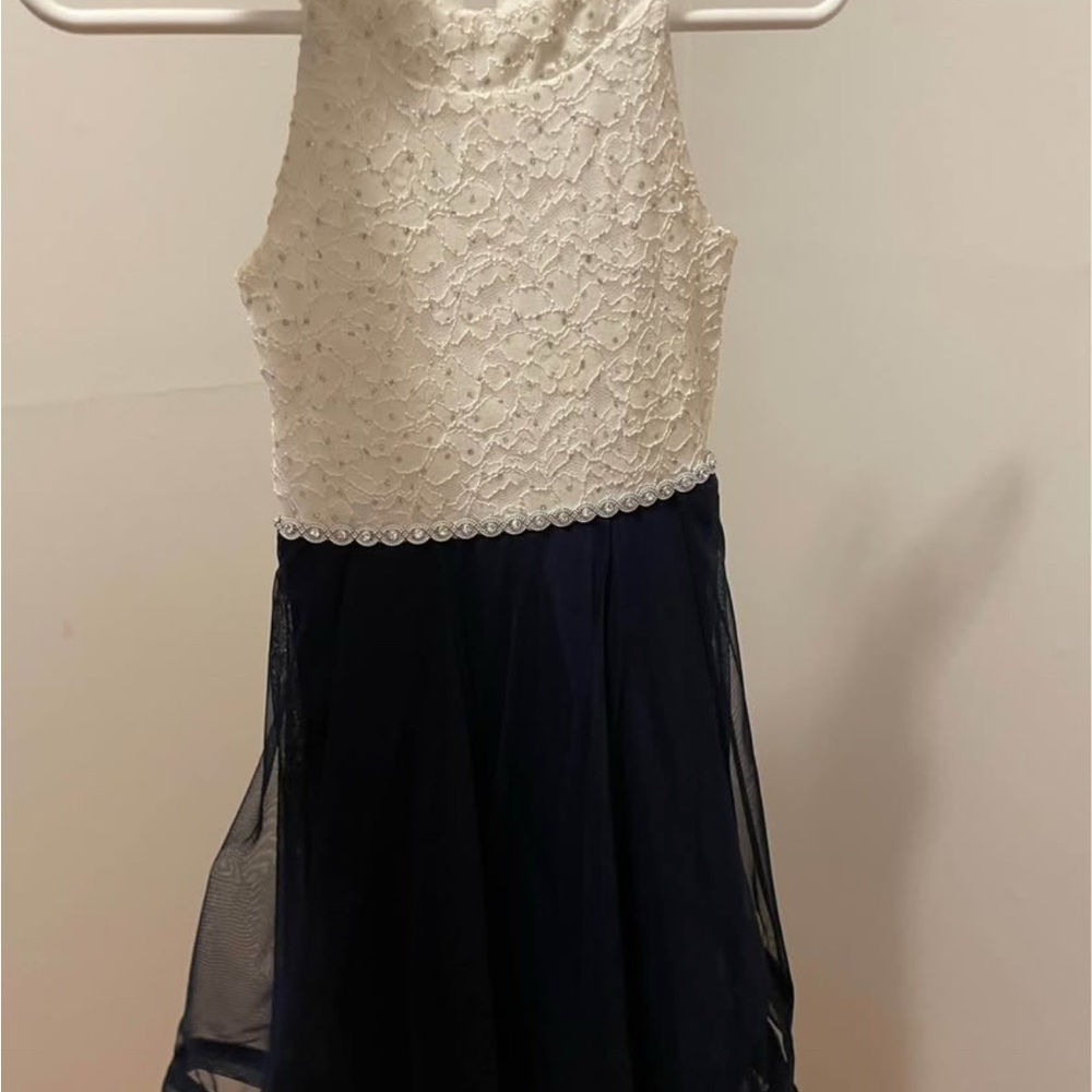 Girls Sz10 navy cream top sequence dress